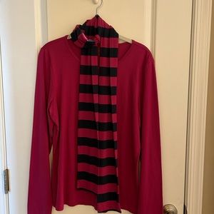 LL Bean ,long sleeve, pink shirt, matching navy blue and pink scarf